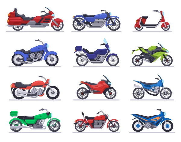 Modelos de motos. Motocicleta, scooter e bicicleta de corrida de velocidade, modernos veículos de moto, helicópteros transporte motor isolado conjunto ícones de ilustração vetorial —  Vetores de Stock