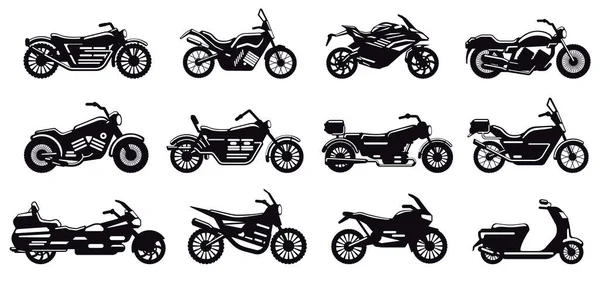 Motorcycle vehicle silhouette. Modern speed race bike, scooter and chopper side view, motorcycle body silhouette vector illustration icons set — Stock Vector