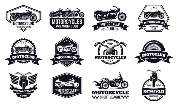 Odznaki motocyklowe. Retro motocyklowe emblematy klubu rowerowego, wyścigi i motocykl niestatywardowe znaczek, emblematy motocyklista wektor ilustracja ikony zestaw — Wektor stockowy