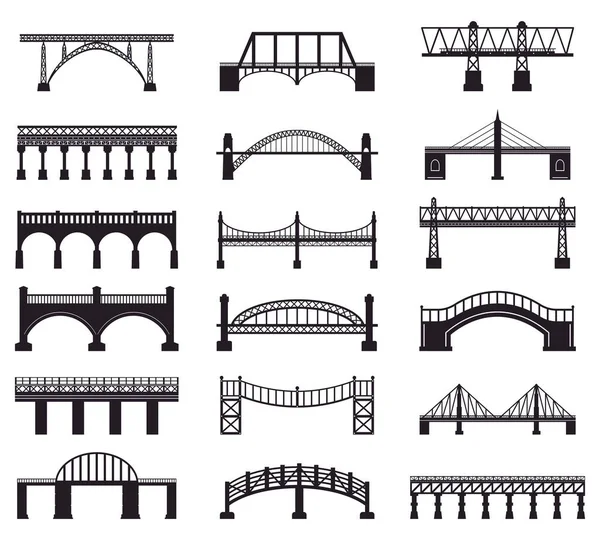 Силуэт конструкции моста. Архитектурное сооружение речного моста, набор векторных иконок векторных иллюстраций мостового транспорта — стоковый вектор