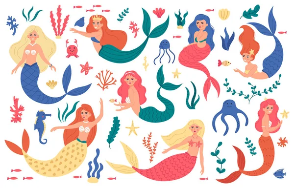 Lindas sereias. Princesa sereia personagens, mão desenhada fada mágica subaquática, vida marinha, sereia meninas e elementos do mar conjunto ilustração vetorial —  Vetores de Stock