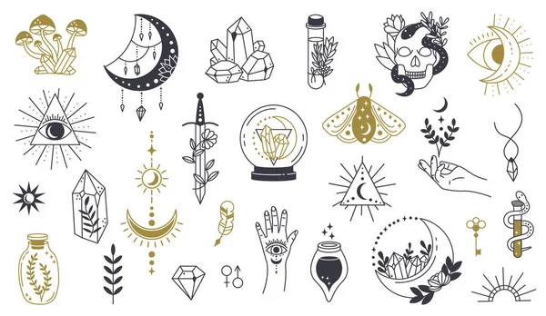 Magisch doodle symbool. Heks hand getrokken magisch element, doodle hekserij kristal, schedel, mes, mysterie tatoeage schets vector illustratie pictogrammen ingesteld — Stockvector