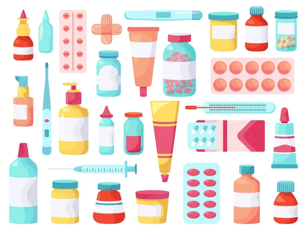 Medische pillen. Apotheek antibiotica pillen, medicijnen en pijnstillers behandelingen, EHBO kit farmacologie blister packs vector illustratie pictogrammen set — Stockvector