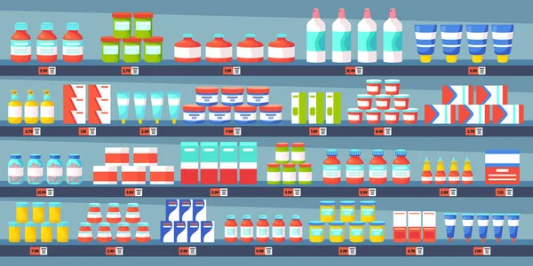 Medicijn apotheek planken. Appotheek winkel interieur, medicijnen pillen flessen, pijnstillers behandelingen drogisterij medische concept vector illustratie — Stockvector