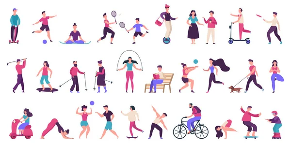 Lidé venku. Aktivní, zdravý životní styl, jogging, běh, kolečkové brusle, jízdní kola a brusle izolované vektorové ilustrace ikony sada — Stockový vektor