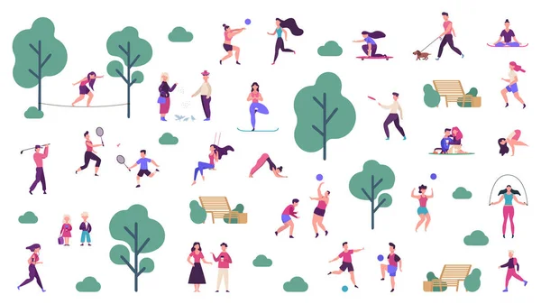 Style de vie actif extérieur. Vie saine et activités sportives dans les parcs, jeux en plein air, jeu d'icônes d'illustration vectorielle jogging et course — Image vectorielle