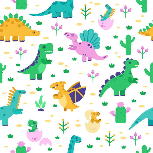 Dinosaur pattern. Cute dino doodle pattern, dinosaurs hand drawn tyrannosaurus, pterodactyl background, jurassic park vector seamless illustration