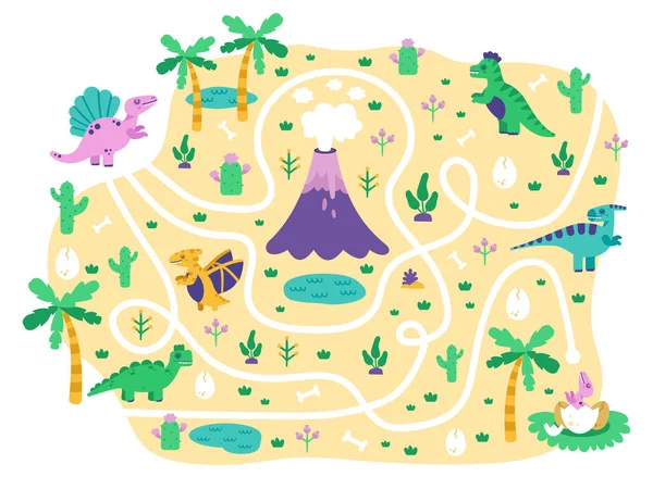 Dinosaures labyrinthe des enfants. maman Dino trouver oeufs jeu pour enfants, mignon doodle dino parc jurassique éducatif jeu de puzzle, illustration vectorielle isolée — Image vectorielle