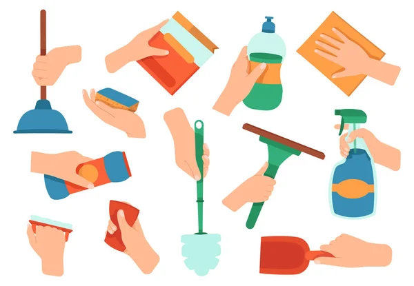 Handen vasthouden wasmiddel. Reiniging desinfectie huishoudelijke artikelen in handen, keuken en bad wassen apparatuur vector illustratie pictogrammen ingesteld — Stockvector