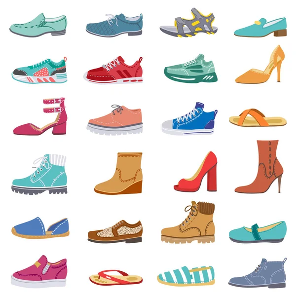 Colección de calzado. Zapatos masculinos y femeninos, zapatillas deportivas, planas y botas, invierno de moda, zapatos de primavera, elegante conjunto de iconos de ilustración de vectores de calzado — Vector de stock