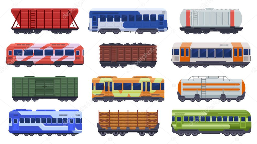 Trains transportation. Passenger and freight trains, steam train, goods high speed trains. Subway underground train vector illustration icons set