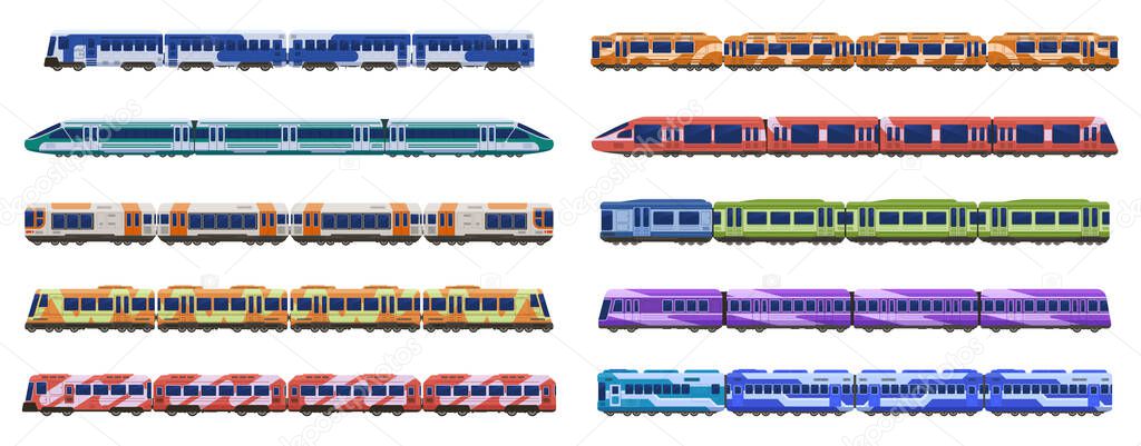 Train carriage. Passenger railroad trains, modern subway high speed trains, urban transportation isolated vector illustration icons set