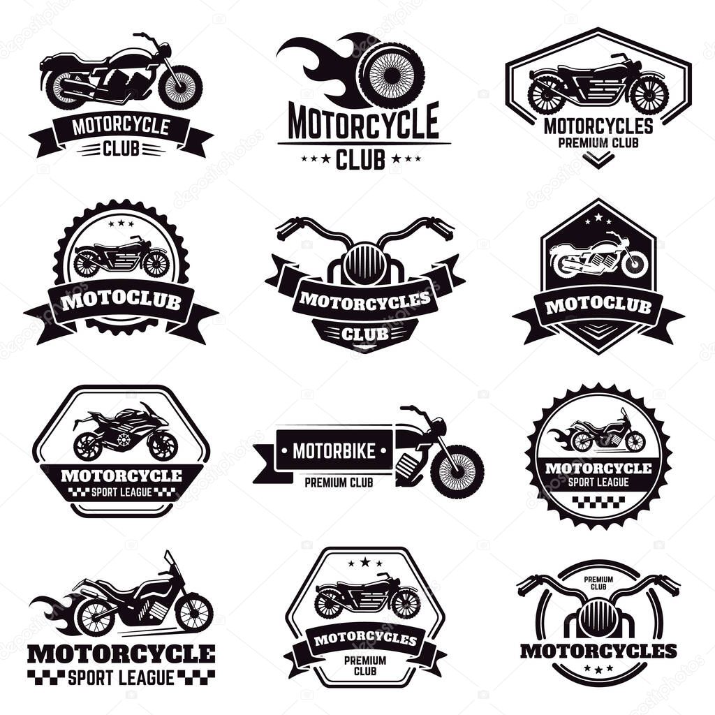 Retro motorcycle emblems. Biker club motorcycle badges, bike stamp, motorbike wheel wings emblem, motorcycle labels vector illustration icons set. Motorcycle logo and emblem, badge motor shop