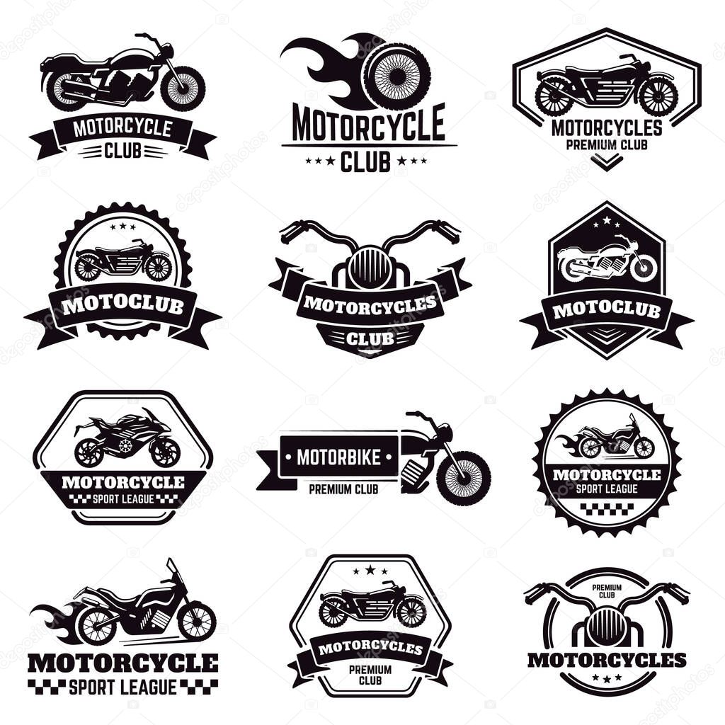 Retro motorcycle emblems. Biker club motorcycle badges, bike stamp, motorbike wheel wings emblem, motorcycle labels vector illustration icons set