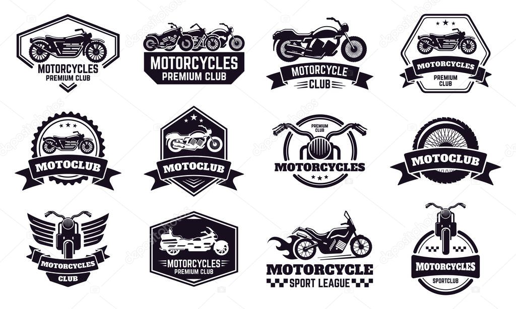 Motorbike badges. Retro motorcycle bike club emblems, racing and motorbike custom stamp, motorcycle rider emblems vector illustration icons set. Motorcycle racer badge, motorbike league