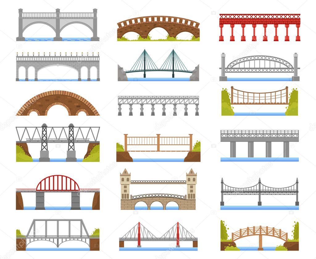Architecture bridge. Urban river bridge building, arch, cable-stayed, beam and suspension bridges isolated vector illustration set