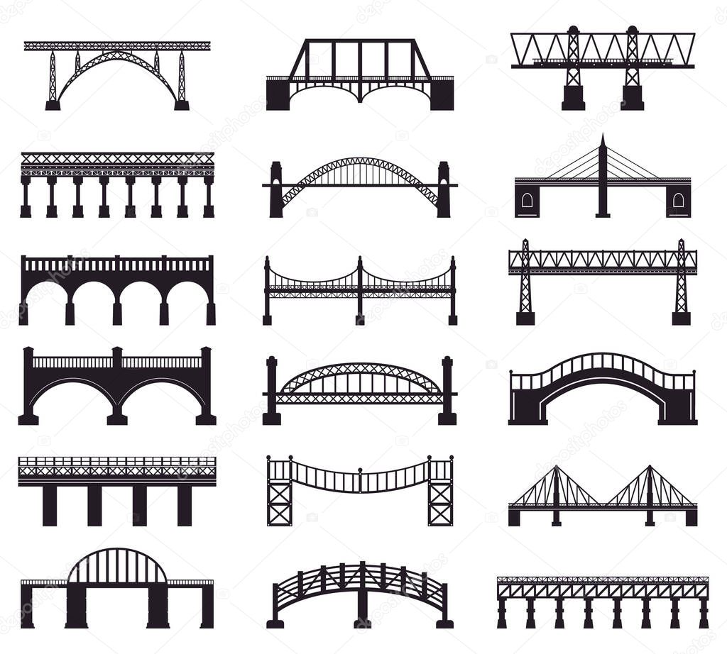 Bridge construction silhouette. River bridge architecture building, bridge transportation carriageway silhouette vector illustration icons set