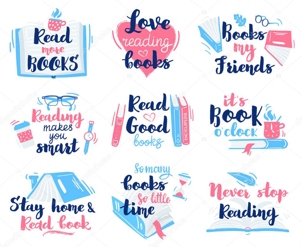 Books lettering quotes. Reading hand drawn lettering, motivation library reading phrases vector illustration icons set