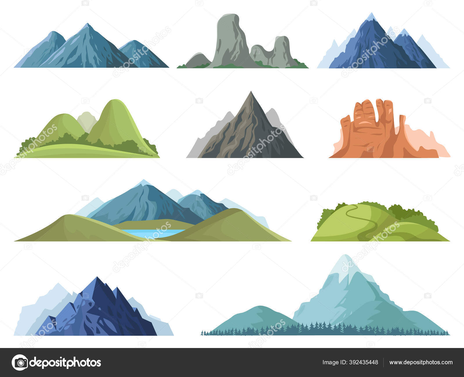 Montañas rocosas. Montaña tapas paisaje al aire libre, picos de invierno,  cima de la colina con árboles, senderismo valle de montaña paisaje vector  ilustración conjunto Vector de stock #392435448 de ©winwin.artlab@gmail.com, image size:1600x1300