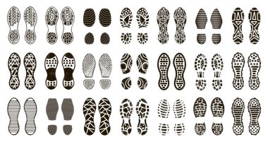 İnsan ayak izi. Ayakkabılar ve yalın ayak silueti, insan botu izleri, desenli ayak izleri izlerinin izole edilmiş ikonlar çizimi