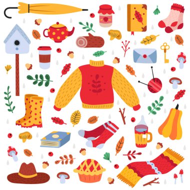 Elle çizilmiş sonbahar sembolleri. Sonbahar yaprakları, orman bitkileri, rahat yiyecekler, sıcak giysiler ve kitaplar, şirin sonbahar elementleri çizim simgeleri
