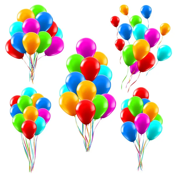 Des ballons réalistes colorés. Bouquets de ballons d'hélium vert brillant, rouge et bleu, décorations de fête d'anniversaire illustration vectorielle set — Image vectorielle