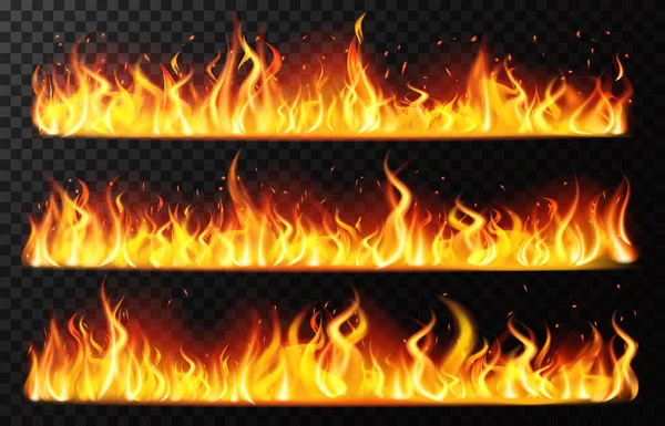 現実的な炎の境界線。燃焼水平炎、赤い燃焼炎の境界線、燃えるような燃焼ライン絶縁ベクトルイラストセット — ストックベクタ