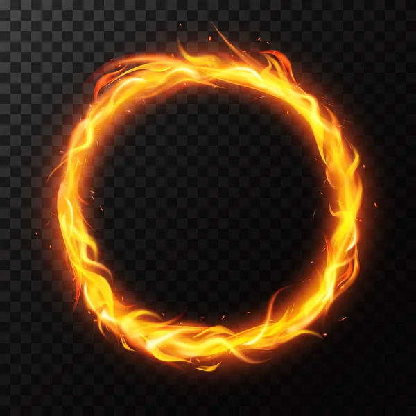 Realistyczny pierścień ognia. Płonący płomień koło obręcz, czerwony płomień okrągłe światło, cyrk ognisty okrąg pierścień ramka odizolowany wektor ilustracja — Wektor stockowy