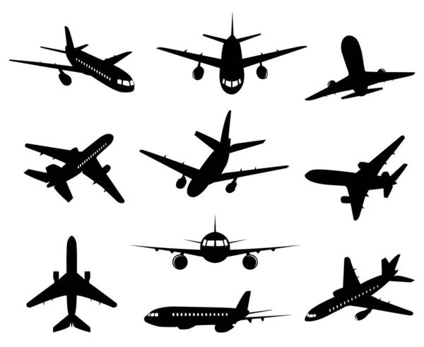 Silueta de avión. Avión de pasajeros aterrizaje, atrás vistas frontales e inferiores, aviones jet siluetas aisladas vector iconos de ilustración conjunto — Archivo Imágenes Vectoriales