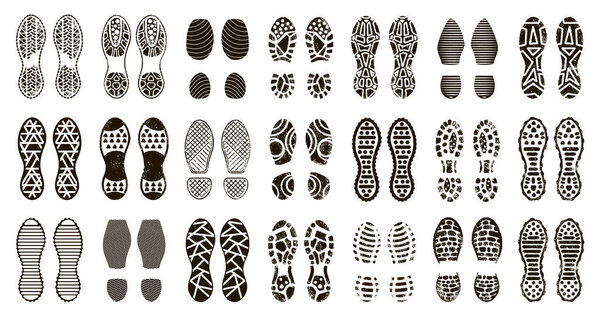 Human boots footprint. Shoes and barefoot silhouette, man boot steps print, textured stepping footprints isolated icons illustration set