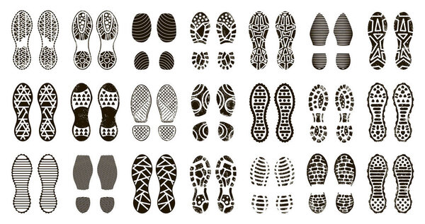 Human boots footprint. Shoes and barefoot silhouette, man boot steps print, textured stepping footprints isolated icons illustration set