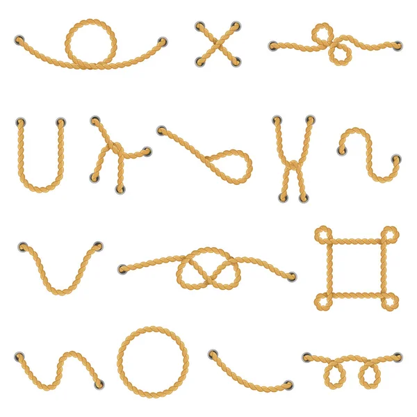 Nós de corda. Marinho navy cordage knots, moldura de corda decorativa, divisor e nó náutico vetor isolado ilustração ícones conjunto —  Vetores de Stock