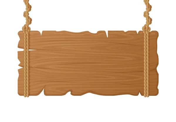 Tavola da appendere in legno. Cartello vuoto in legno su corda, cartellone in bianco vintage, illustrazione vettoriale della tavola di legno appesa — Vettoriale Stock