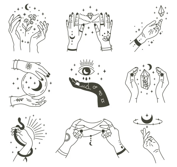 Magische handen. Boho occulte magische hand, heks mystieke symbool, hekserij hand getrokken armen met maan en kristal vector illustratie pictogrammen ingesteld — Stockvector