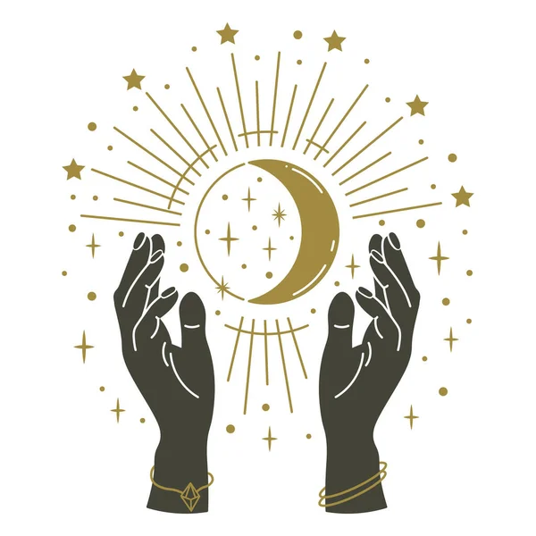 Manos mágicas sosteniendo la luna. Brazos místicos dibujados a mano con luna, símbolo mágico, brazos místicos brujería celebración de la luna y estrellas vector ilustración — Vector de stock