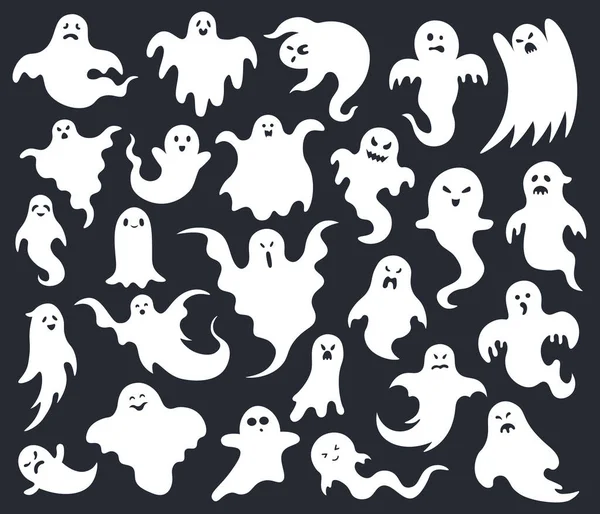 Duch horroru Halloween. upiorne straszne duchy, duch śmieszne cute charakter, widmo widmo Halloween maskotki wektor ilustracja zestaw — Wektor stockowy