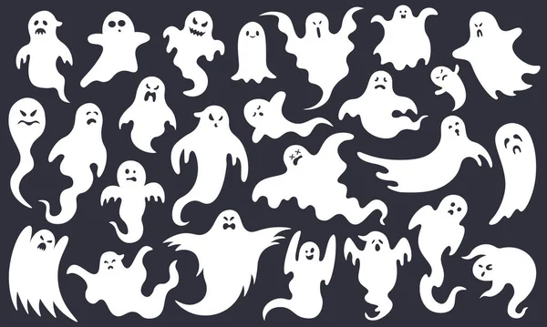 Fantasma espeluznante de Halloween. Fantasma asustadizo personajes, volar fantasma divertido, lindo miedo sonriente Halloween mascotas fantasma vector ilustración conjunto — Archivo Imágenes Vectoriales
