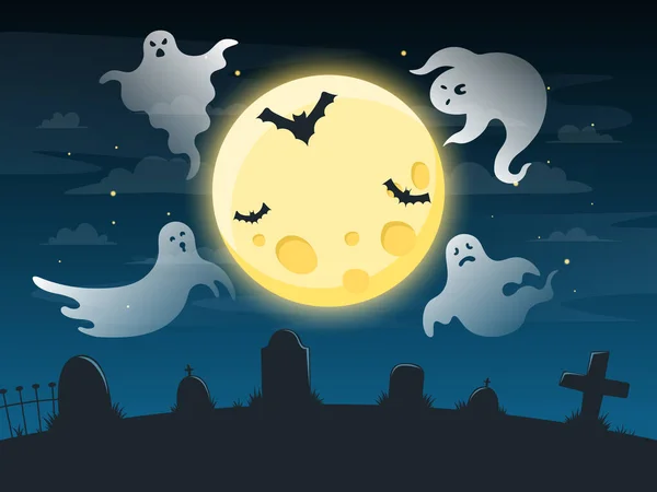Halloween strašidelný plakát. Létající strašení duchové, strašidelný duch halloween postava na tmavém zlověstném pozadí, halloween plakát vektorové ilustrace — Stockový vektor