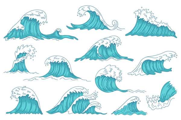 Olas marinas. Océano mano dibujado ola de agua, olas de tsunami tormenta vintage, rabia eje de agua marina aislado vector iconos de ilustración conjunto — Vector de stock