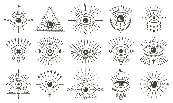Olho maléfico. Mão desenhada magia bruxaria talismã olho, olhos esotéricos mágicos, religião sagrada geometria símbolos vetor ilustração ícones conjunto —  Vetores de Stock