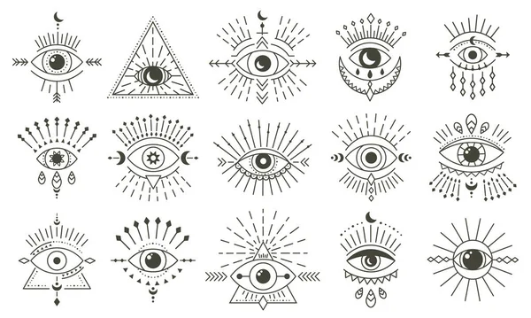 Mal ojo de garabato. Mano dibujado magia brujería ojo talismán, ojos esotéricos mágicos, religión geometría sagrada símbolos vector ilustración iconos conjunto — Archivo Imágenes Vectoriales