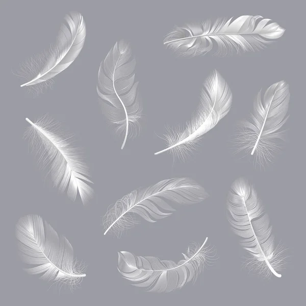 Реалистичные перья. Пушистые белые закрученные перья, птичье крыло, падающее невесомое перо, летающее перо, изолированный векторный набор иллюстраций — стоковый вектор