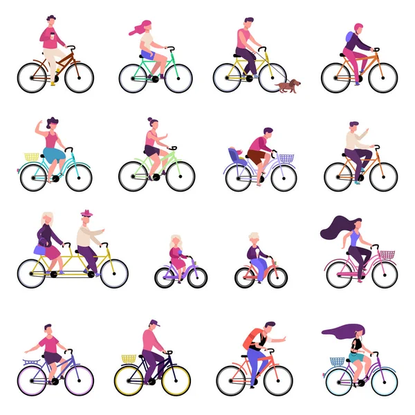 Les gens font du vélo. Activités de plein air, groupe de personnes à vélo, vélo, mode de vie actif familial sain vecteur illustration ensemble — Image vectorielle