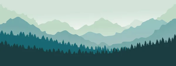 Panorama de montañas. Bosque cordillera paisaje, montañas azules n crepúsculo, camping naturaleza paisaje silueta vector ilustración — Vector de stock
