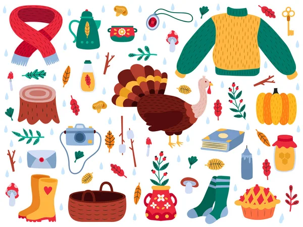 Éléments d'automne. Automne dessin animé hygge pull confortable, bottes, feuilles d'automne, champignons, citrouille et dinde isolé vecteur illustration ensemble — Image vectorielle