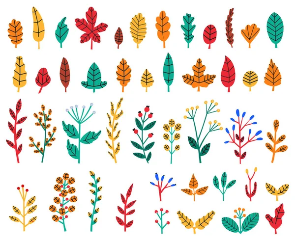 El otoño se va. Hojas y bayas del bosque de otoño, acogedoras hierbas florales garabatos, flores silvestres, follaje botánico aislado vector ilustración conjunto — Vector de stock