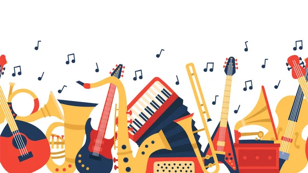 Banner de instrumentos musicales. Guitarra musical, violín y acordeón vintage, acústica de jazz instrumentos musicales vector ilustración — Vector de stock