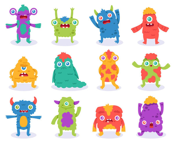 Cute monsters. Halloween cartoon monsters characters, funny fluffy creature, gremlin or alien, spooky monsters mascots vector illustration set