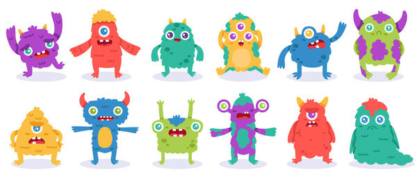 Cartoon monster characters. Halloween funny monsters, cute fluffy alien mascots, silly gremlin monsters, spooky creatures vector illustration set
