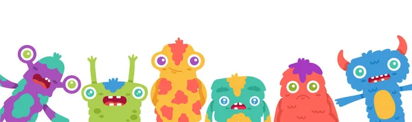 Fondo de monstruos de dibujos animados. Dibujos animados de Halloween mascotas monstruo lindo, criatura esponjosa, tarjeta de felicitación alienígena divertido o banner vector ilustración — Vector de stock